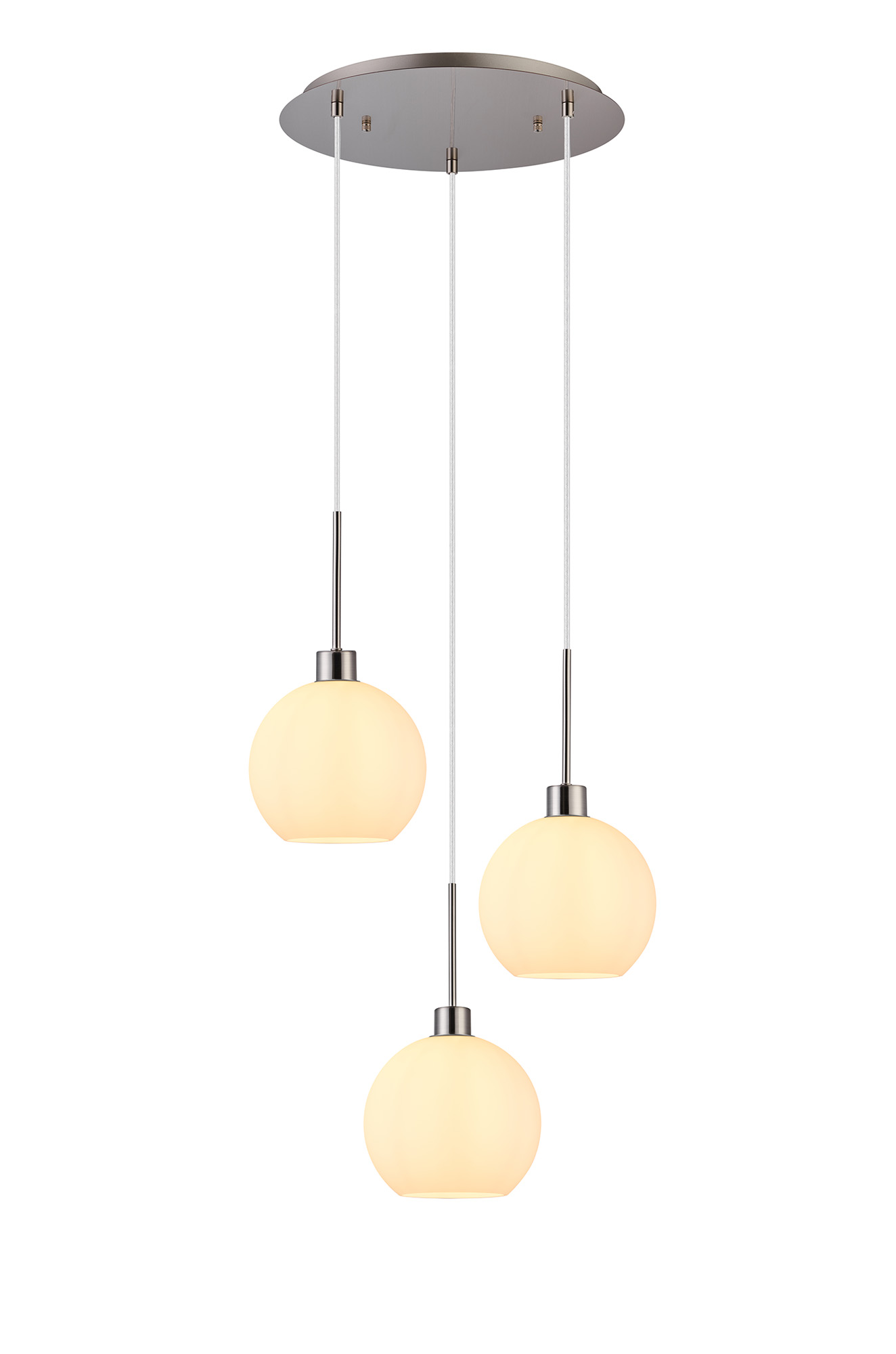 Lori 40cm Round Pendant, 3 Light Adjustable E27, Satin Nickel/Opal Open Mouth Round Globe Shades